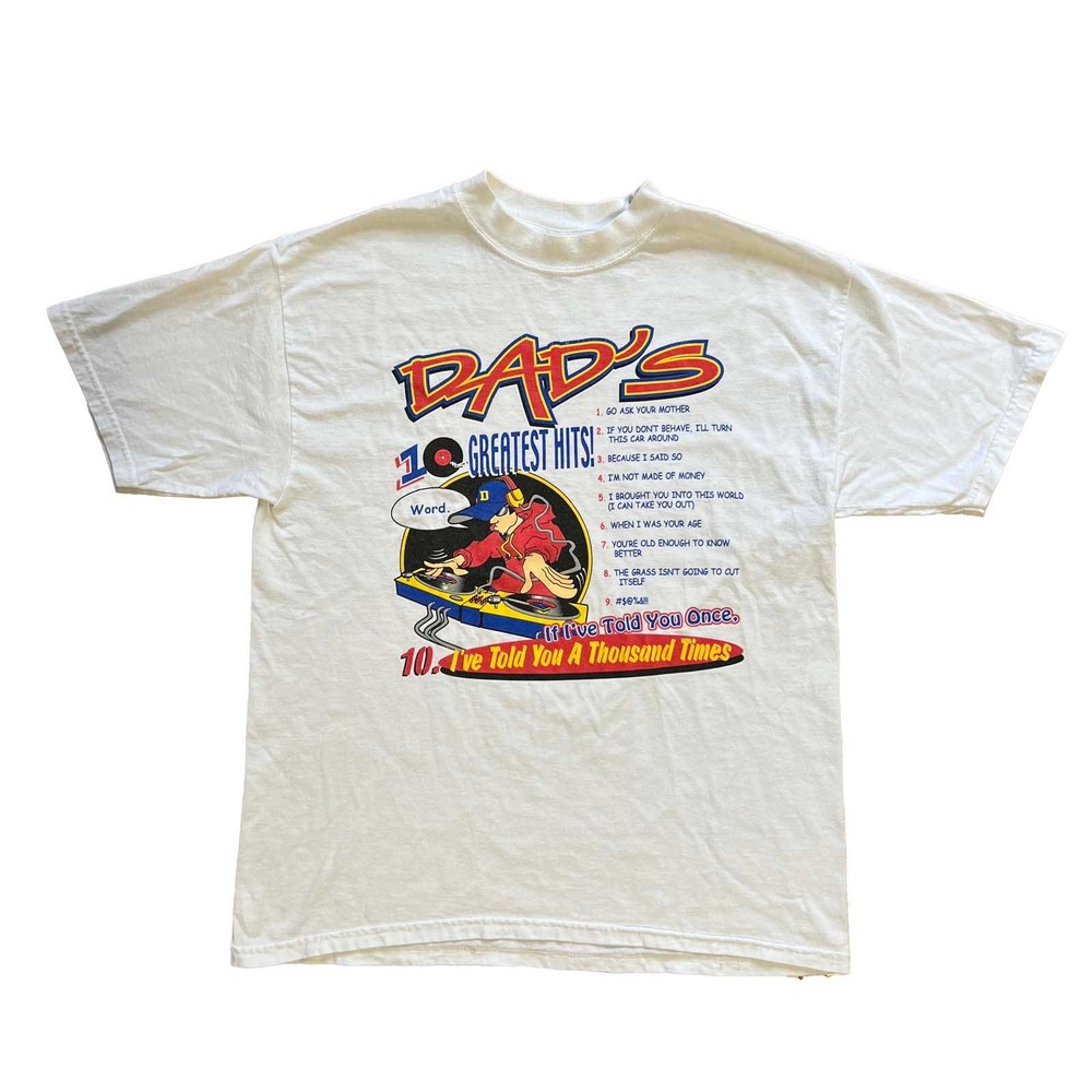 FUNNY DAD JOKE HUMOR GREATEST HITS WHITE GRAPHIC TEE SHIRT SZ MEDIUM